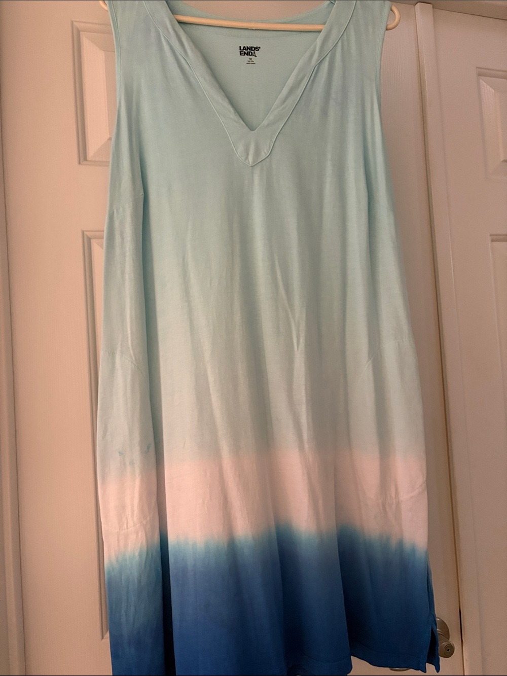 Lands' End Sleeveless Ombre V-Neck Dress in Light Aqua, White, Deep Blue